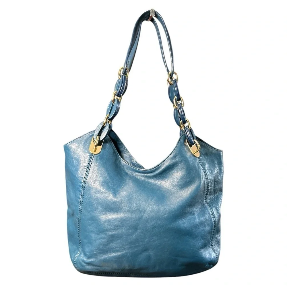 Michael Kors Leather Teal Lillie Chain Handle Shoulder Bag Tote Purse